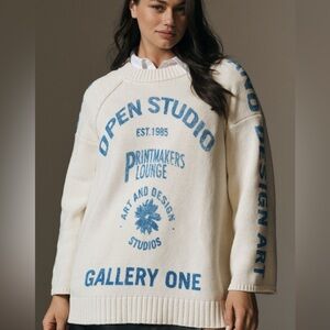 Anthropologie Cream and Blue Graphic Sweater